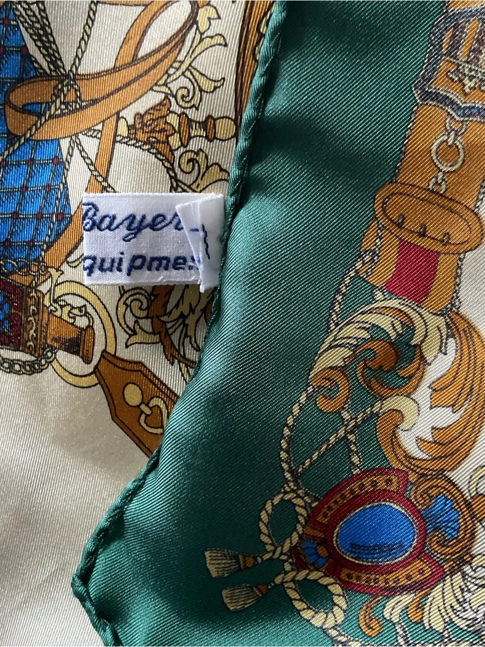 100% silk rolled hem equestrian themed square neck scarf, old money and country